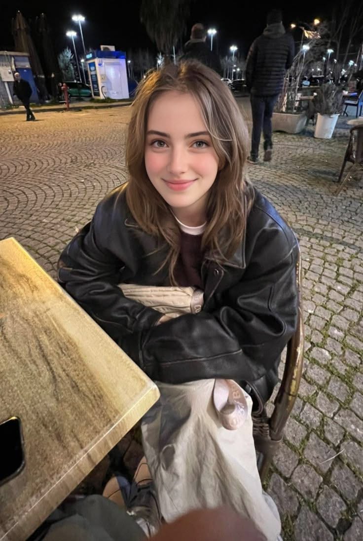 Young woman in a leather jacket sitting at a table on a cobblestone street at night