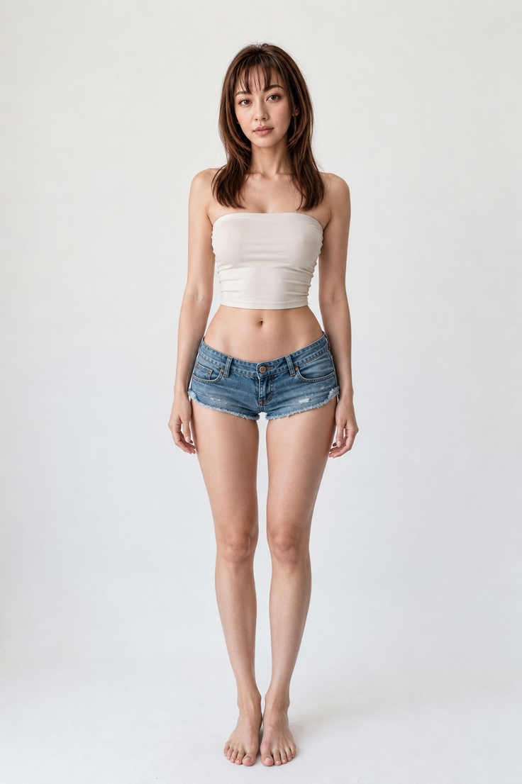 Woman with long hair wearing a tube top and denim shorts, standing barefoot