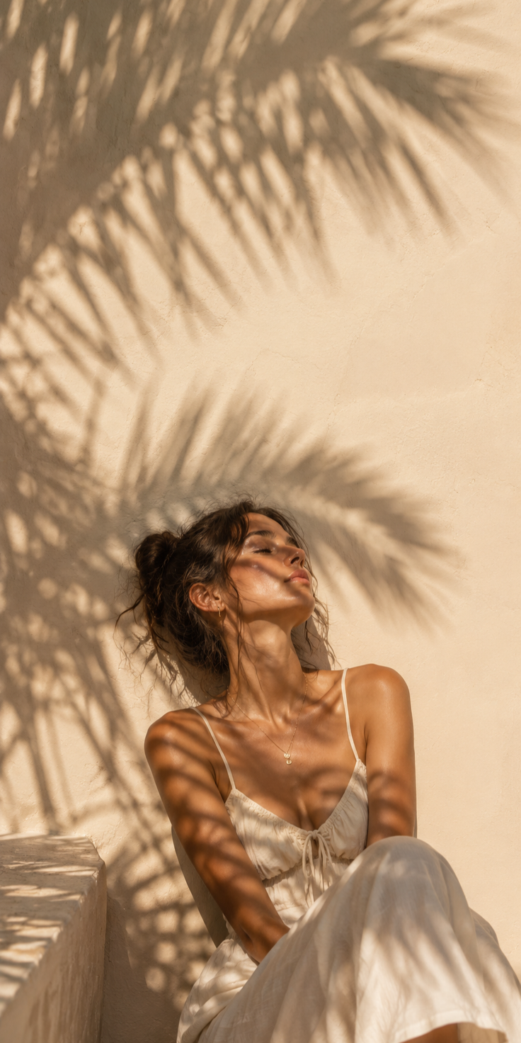 Woman in a summer dress with palm tree shadows on a warm-toned wall