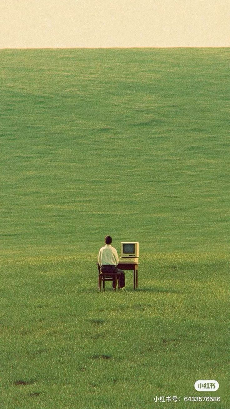 Man sitting at a desk with a computer in a vast green field