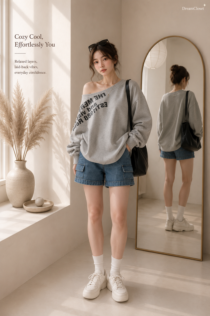 Woman in an off-shoulder top and denim shorts posing indoors