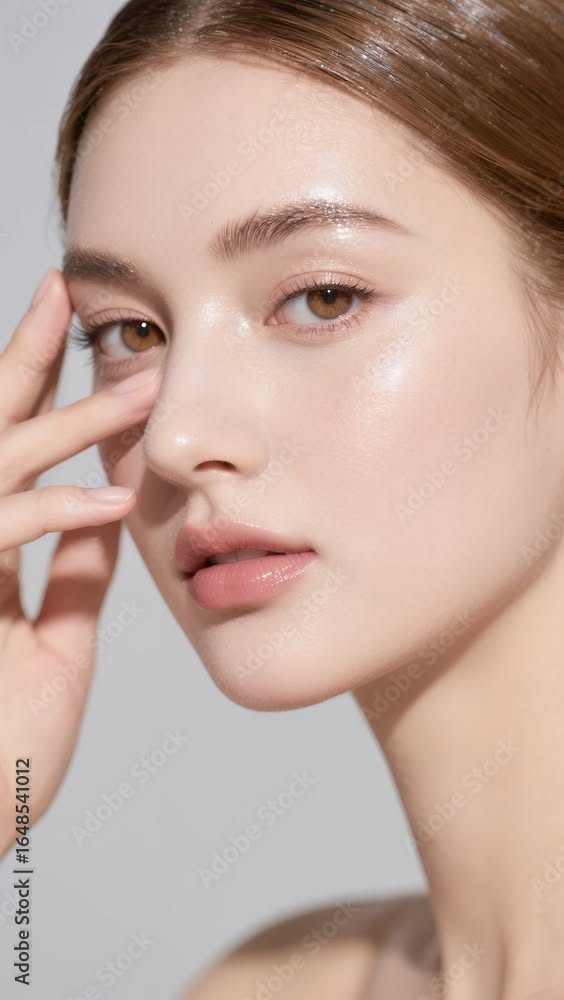 Close up portrait of a woman with glowing skin and glossy lips