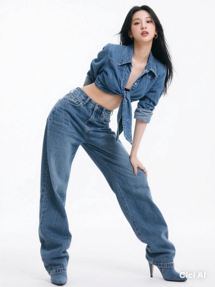 Woman in a tied denim shirt and jeans posing on a white background
