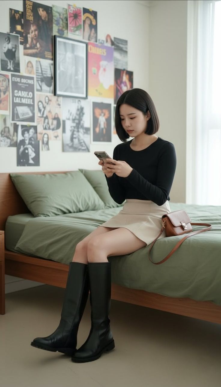 Woman with short hair sitting on a bed, looking at her phone
