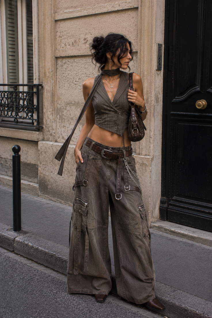 Woman in a cropped vest and cargo pants on a street