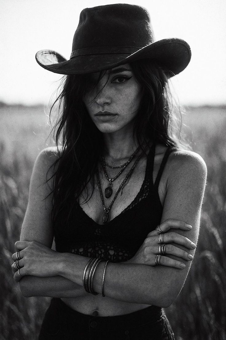 Woman in a cowboy hat and crochet top with arms crossed, outdoor shot