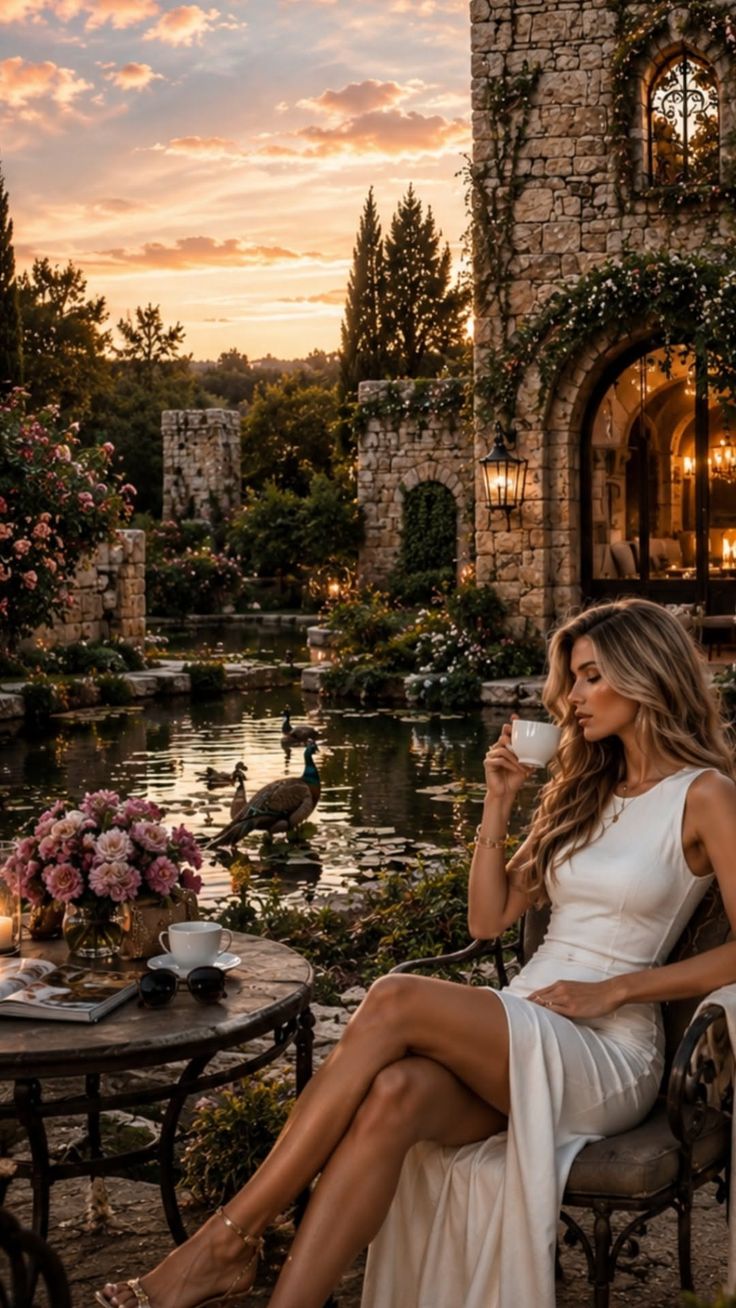 Woman in a white dress drinking coffee in a beautiful garden at golden hour