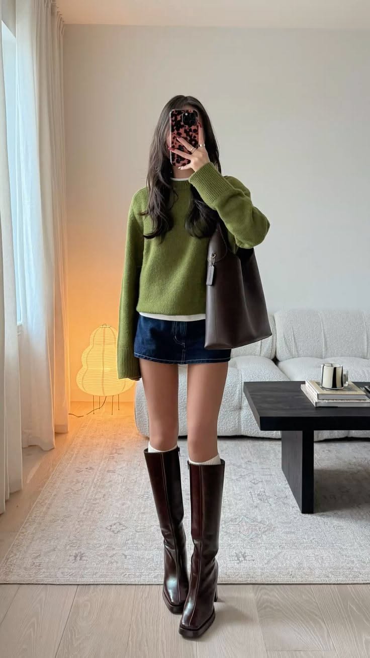 Woman in a green sweater and denim mini skirt taking a mirror selfie indoors