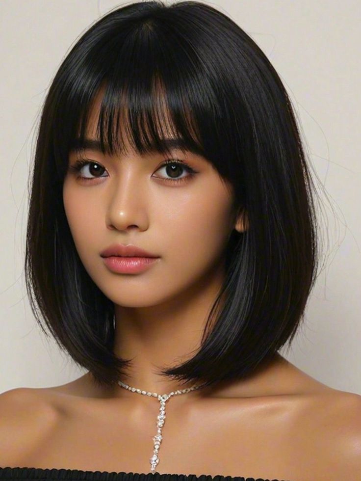 Woman with short black hair and bangs wearing a necklace