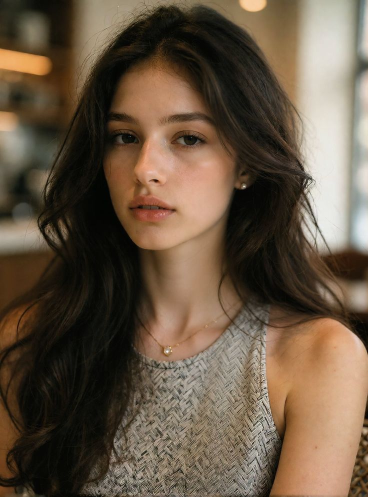 Woman with long dark hair wearing a patterned top and pearl jewelry indoors