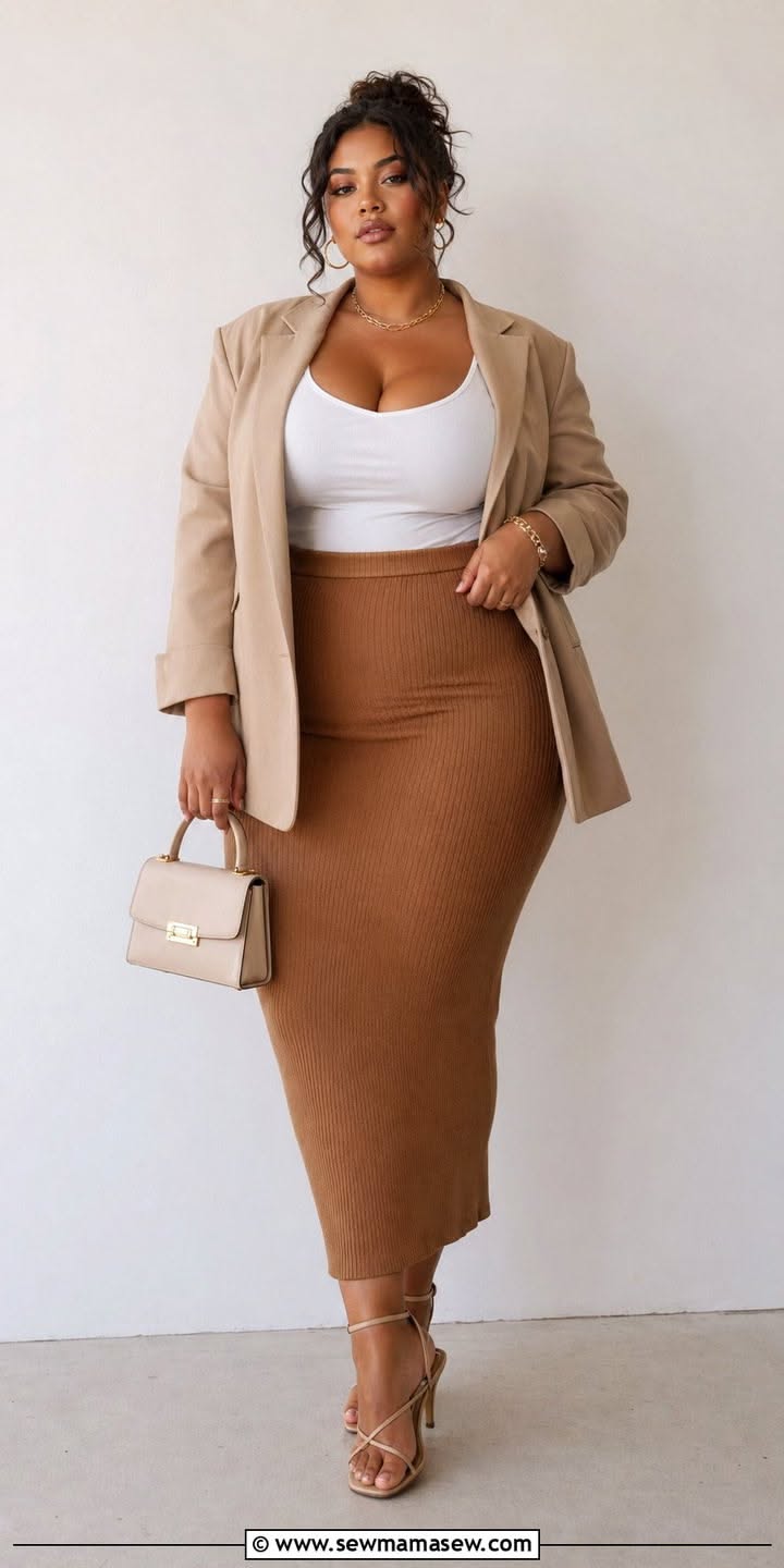 Woman in a blazer and midi skirt with a handbag and high heels