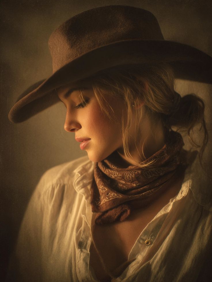 Woman in a cowboy hat and bandana with soft lighting and warm tones