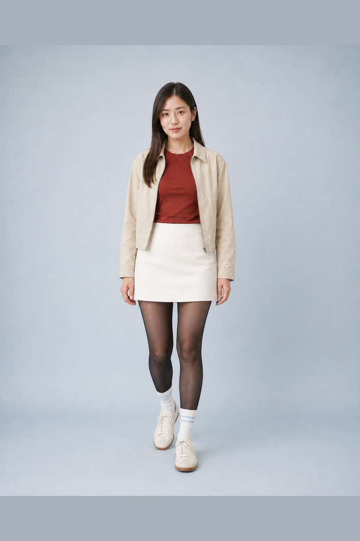 Woman in a beige jacket, white mini skirt, and black tights in a studio
