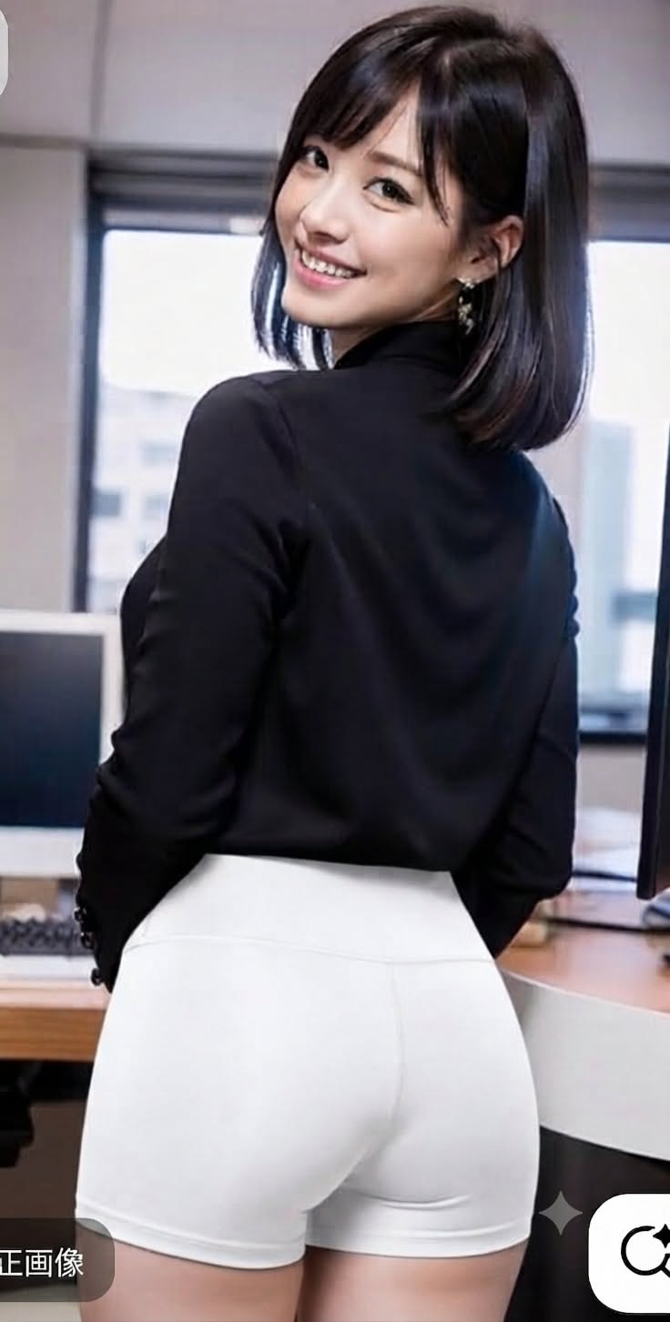 Woman in a black shirt and white shorts smiling over her shoulder in an office