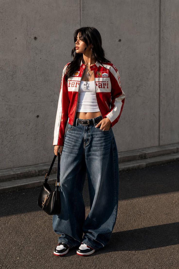 Woman in a red and white racing jacket and baggy jeans outdoors