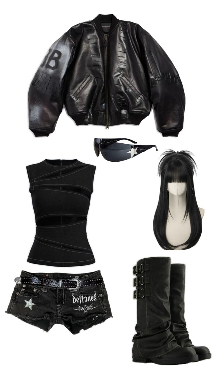 Collection of black gothic-style clothing and accessories on a white background