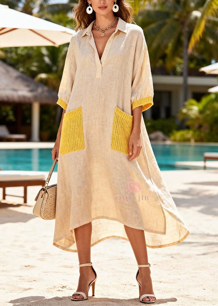 Woman in a beige linen dress with yellow pockets and high heels at a resort