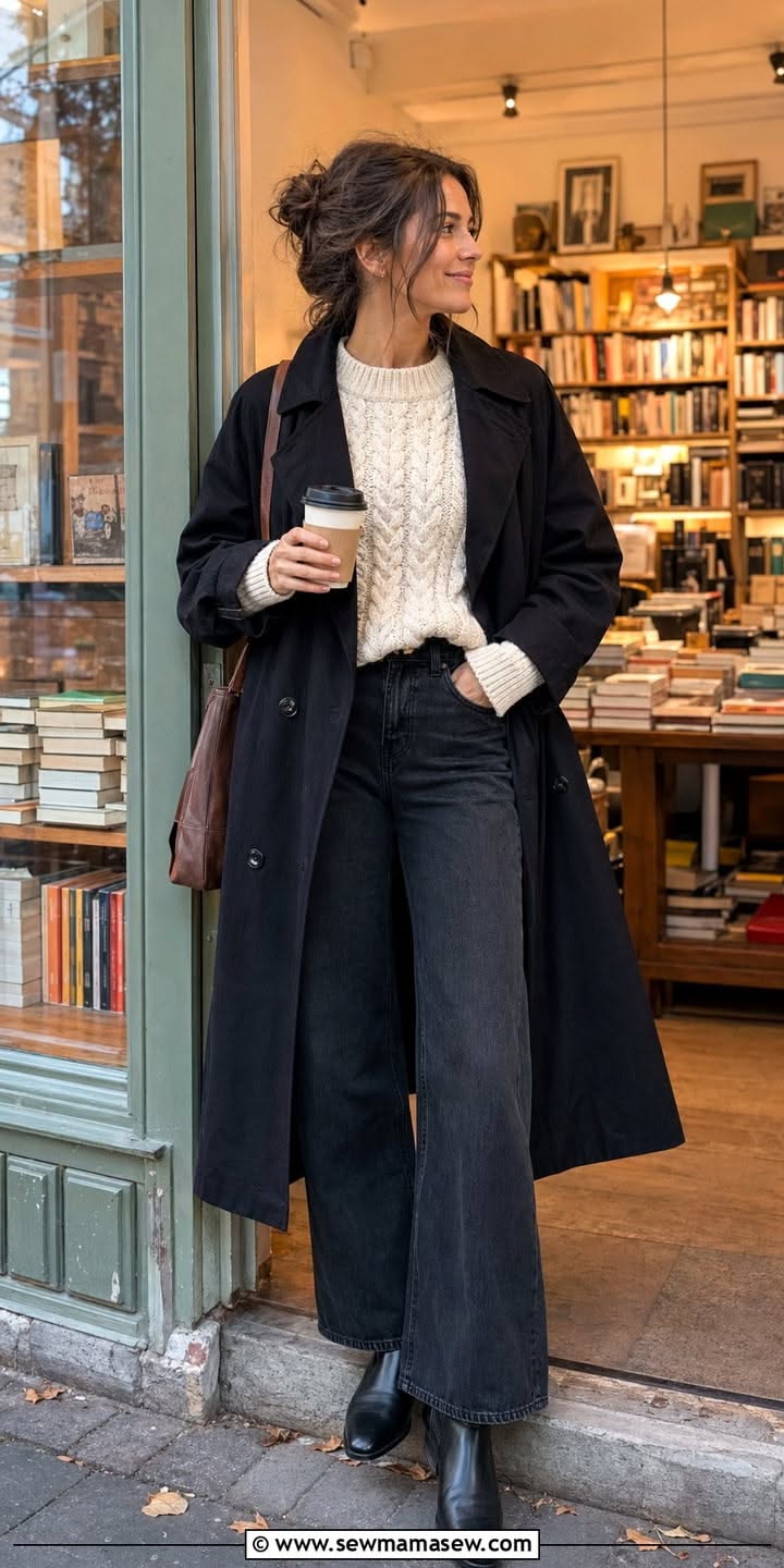 Woman in a black trench coat and white sweater standing outside a bookstore