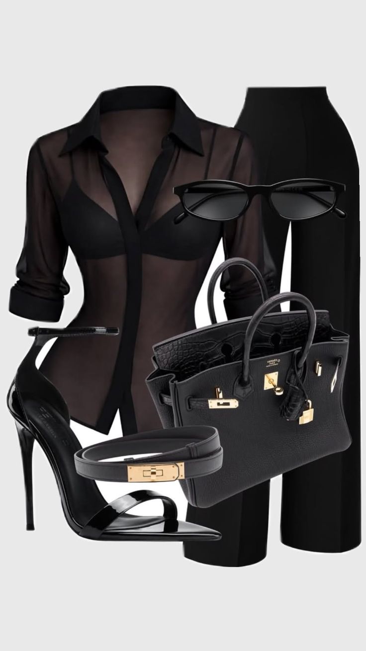 Fashion flat lay of a black sheer shirt, bra, pants, heels, handbag, and accessories