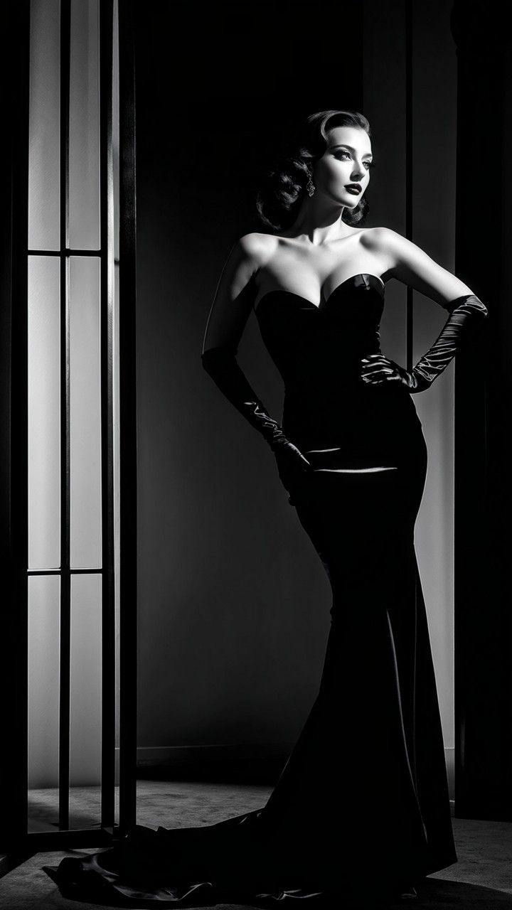 Woman in a strapless black dress and long gloves in dramatic lighting