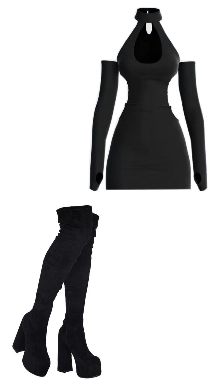 Black mini dress with cutouts and matching thigh-high platform boots