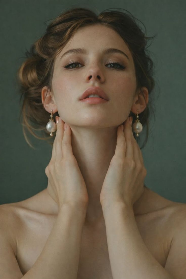 Woman with bare shoulders and pearl earrings, hands touching her neck