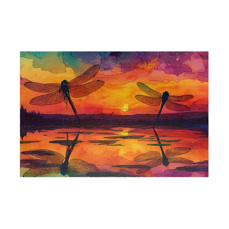 Two dragonflies over a lake at sunset in a watercolor style