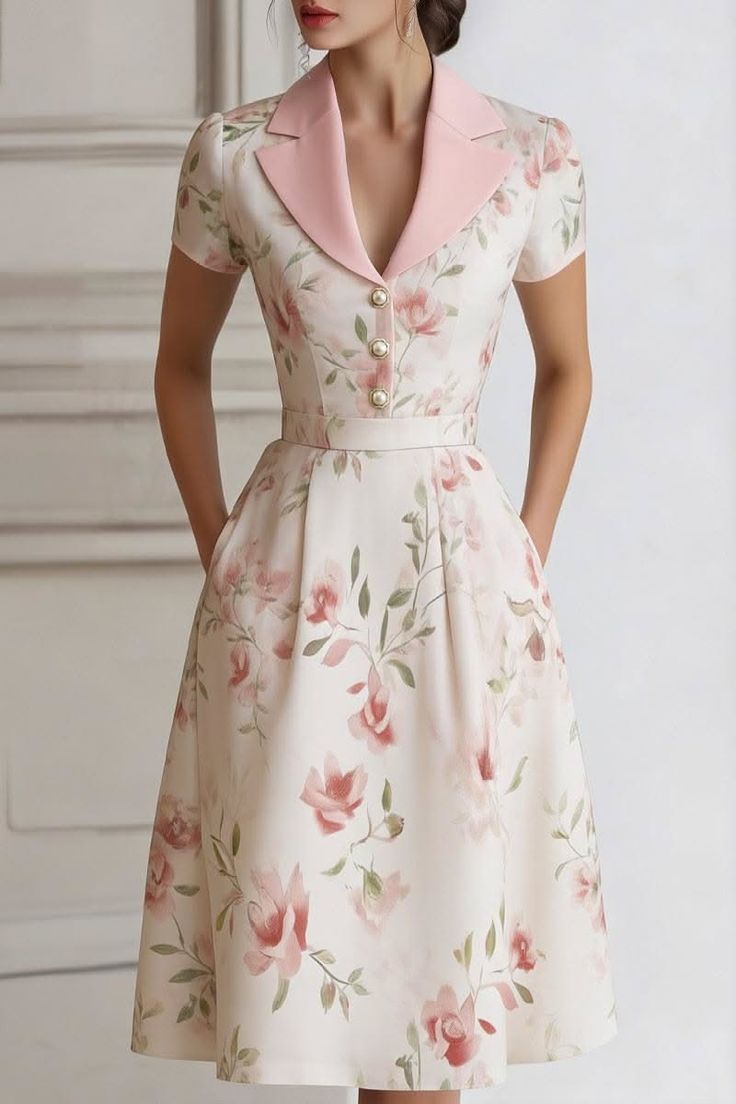 Woman in a floral midi dress with a pink collar and pearl buttons
