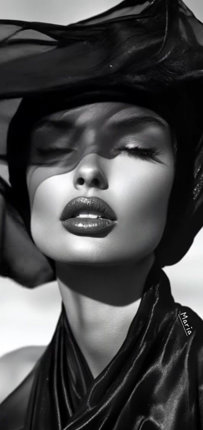 Black and white portrait of a woman with closed eyes and red lipstick, wearing a veil