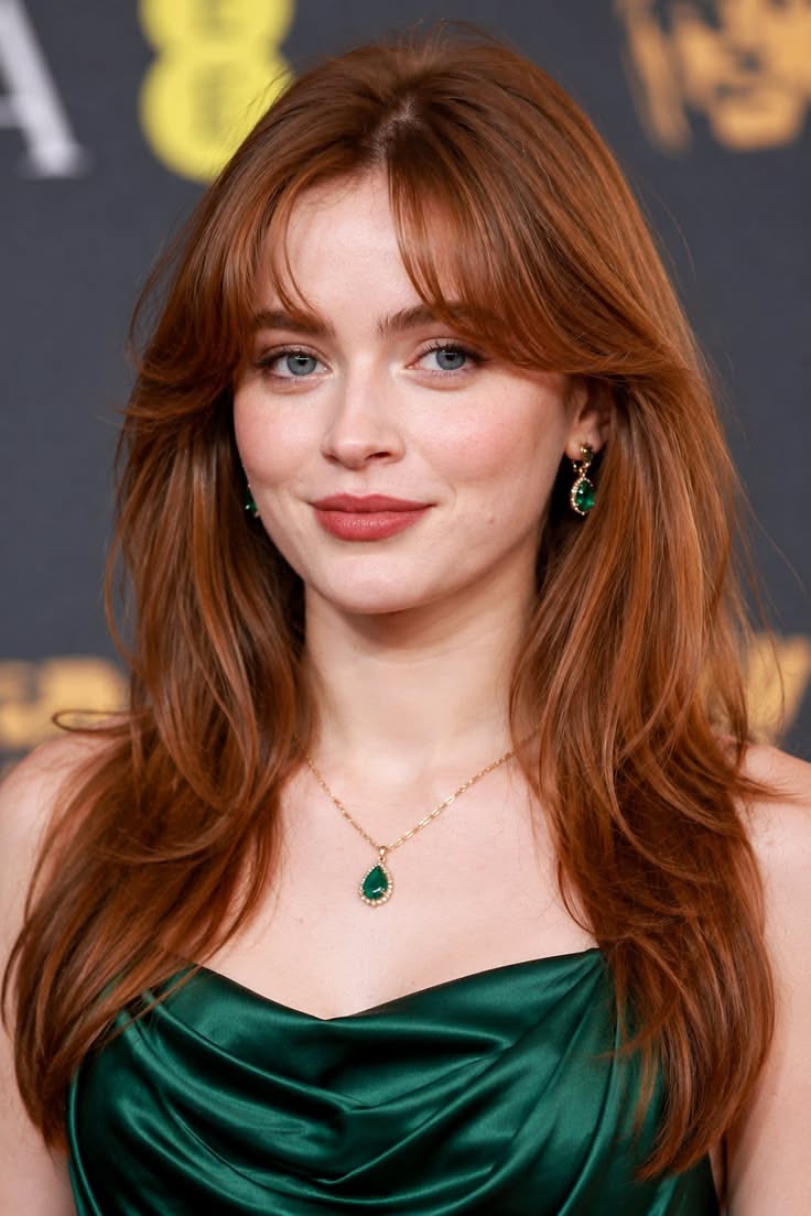 Woman with red hair wearing a green dress and emerald jewelry