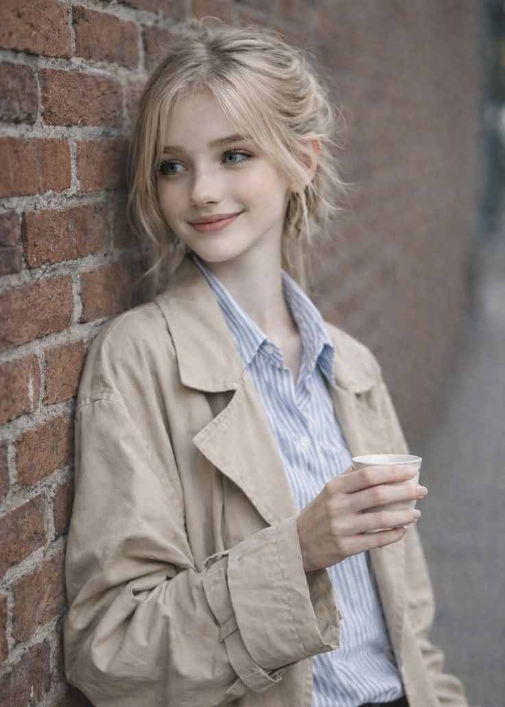 Blonde woman in a trench coat leaning against a brick wall, holding a cup