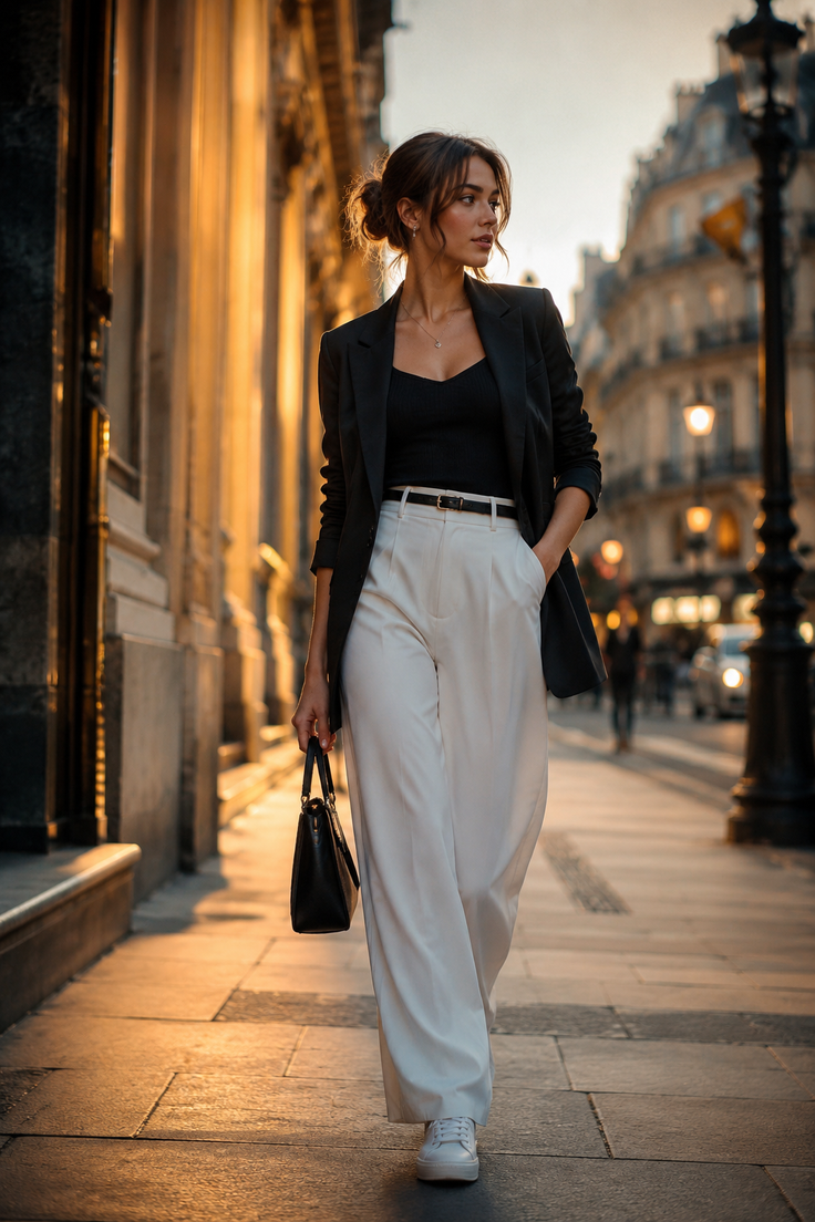 Woman in a blazer and wide-leg pants walking on a city street at golden hour