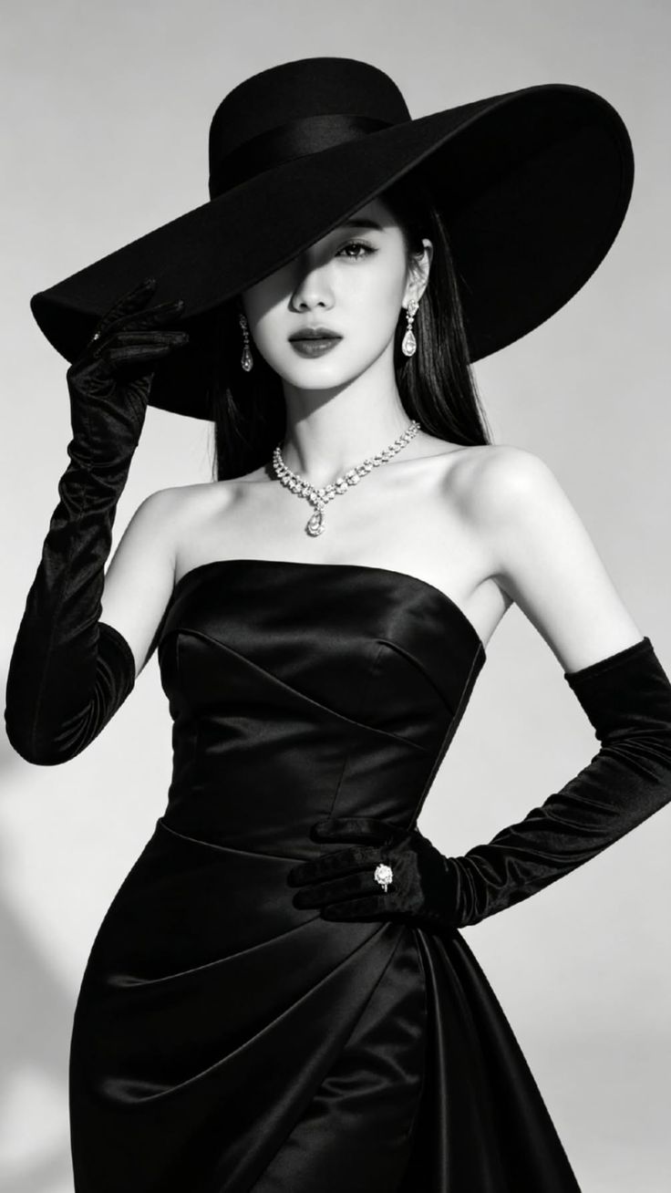Woman in a wide-brim hat, long gloves, and a strapless dress with diamond jewelry