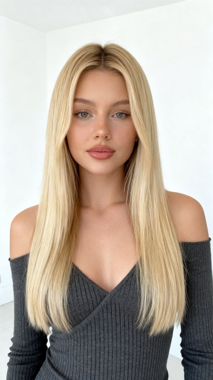 Woman with long blonde hair wearing an off-shoulder ribbed top indoors