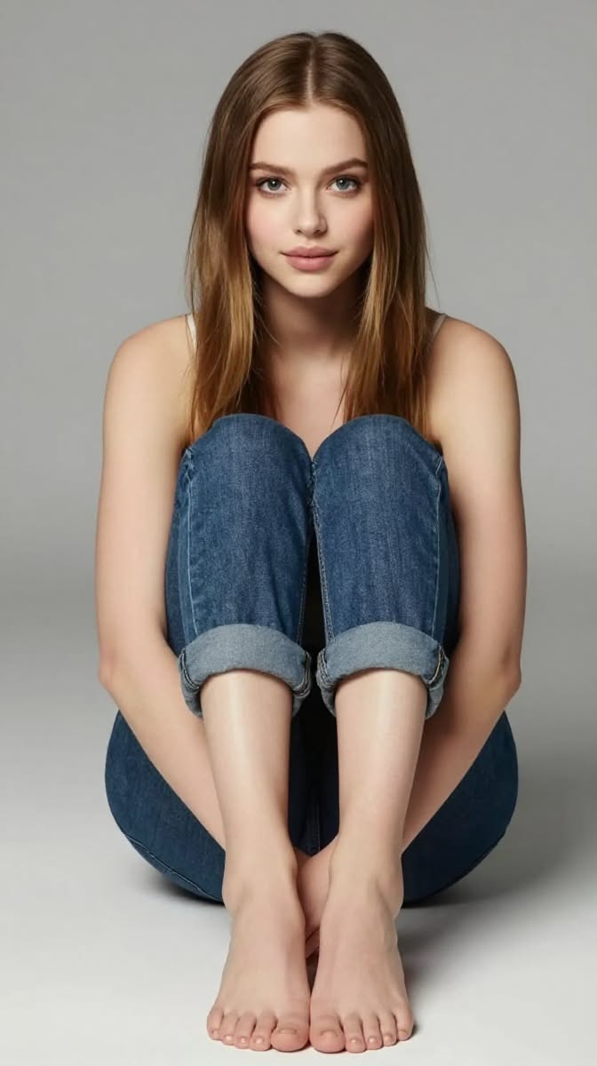 Woman with long hair wearing blue jeans and a white top, sitting on the floor