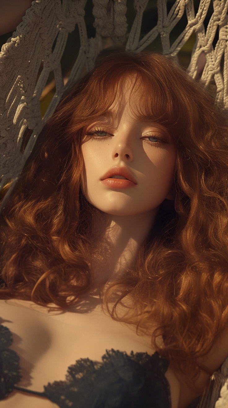 Woman with long red wavy hair wearing a lace bra, in soft lighting