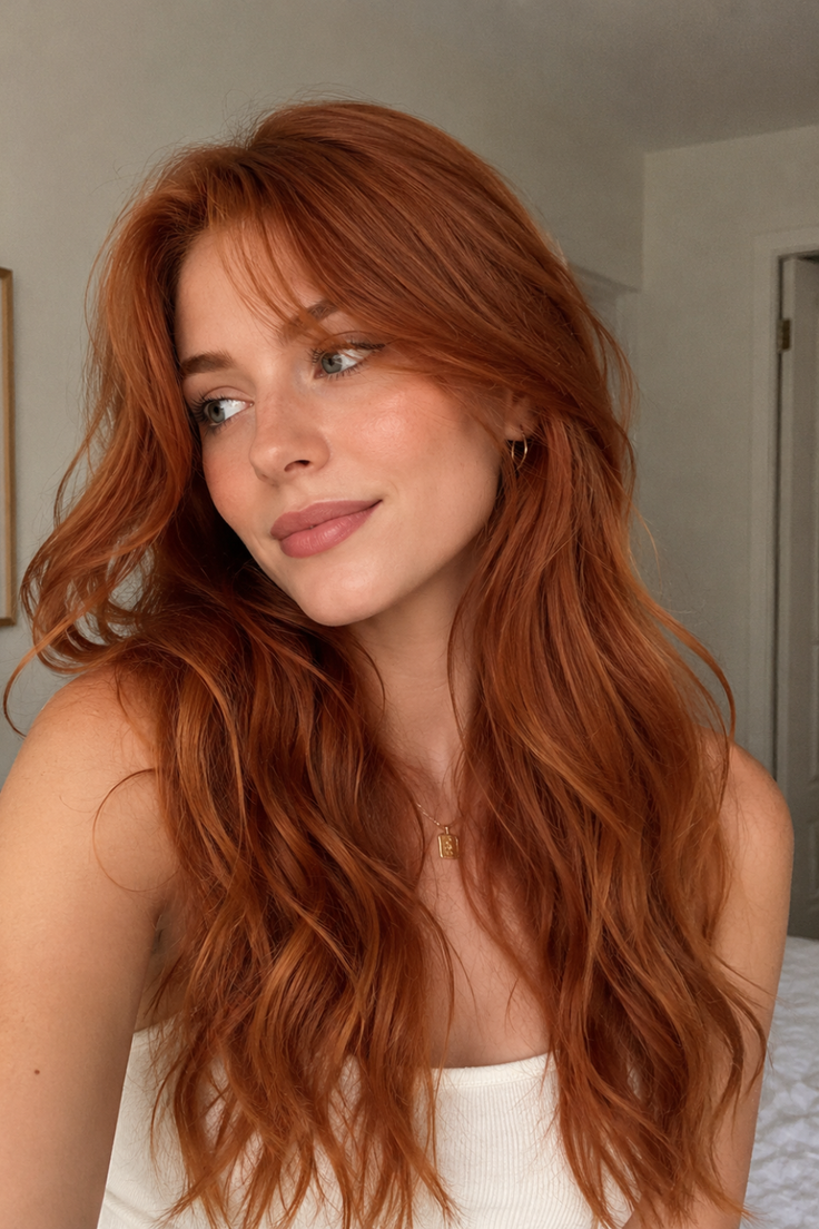 Woman with long red hair and freckles wearing a white top and gold necklace