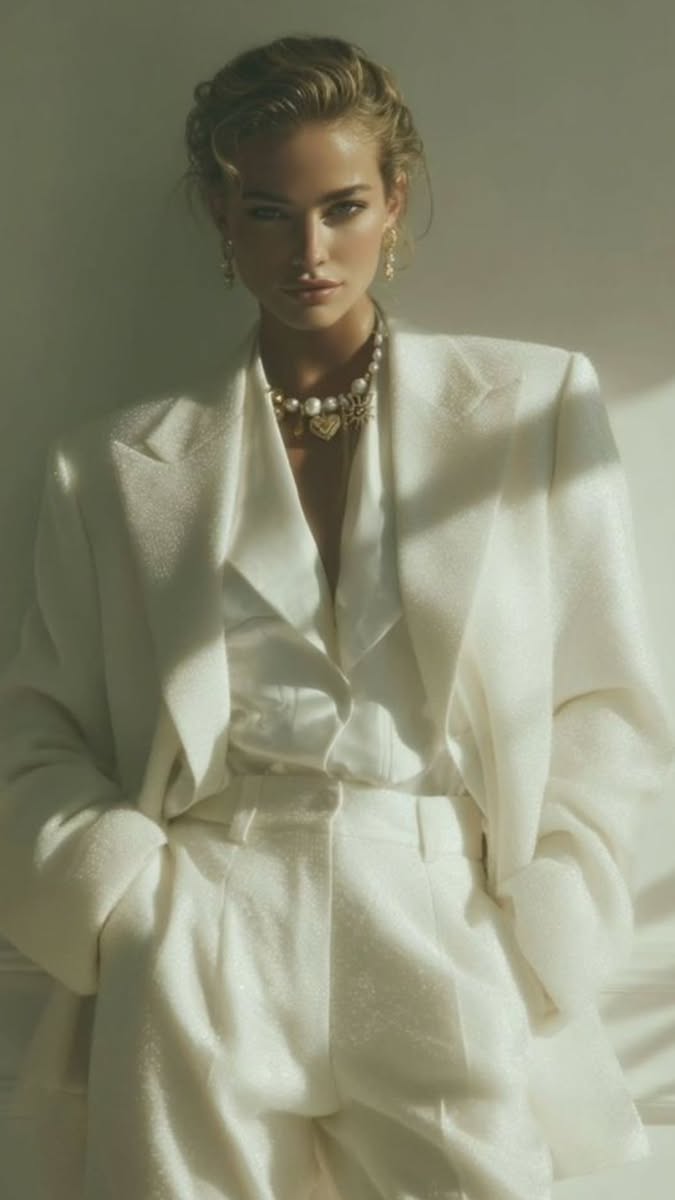 Woman in a white suit with a pearl necklace and updo hairstyle
