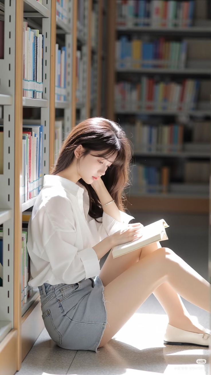 Woman with long hair sitting on the floor in a library, reading a book