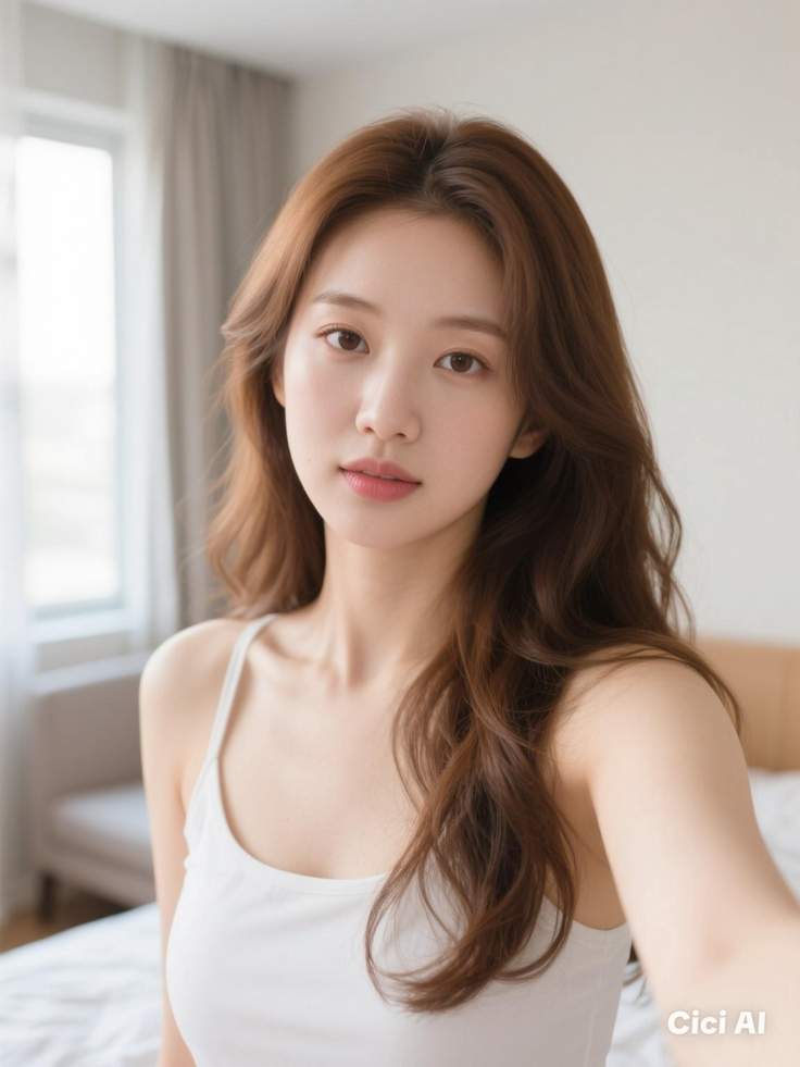 Woman with long brown hair wearing a white tank top indoors