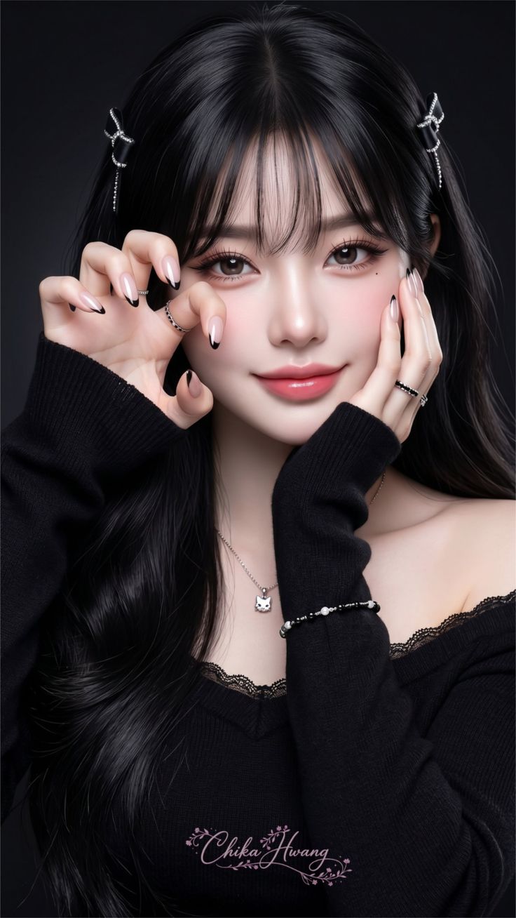 Woman with long black hair wearing a black top and jewelry, making a playful gesture