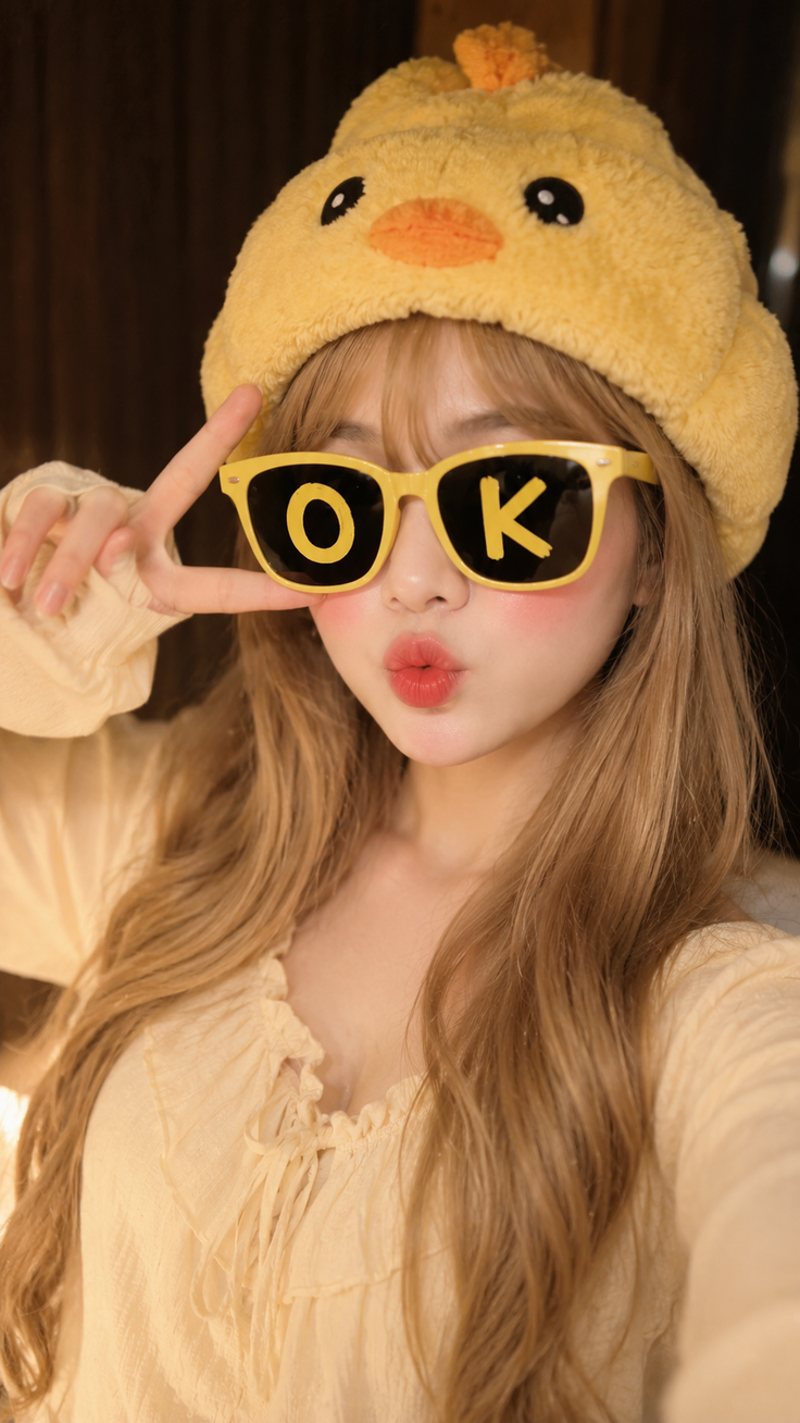 Woman in a chicken hat and yellow sunglasses making a peace sign