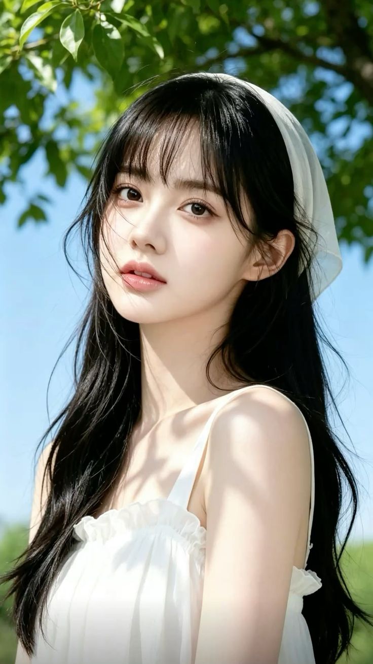 Woman with long black hair and a white dress outdoors under a blue sky