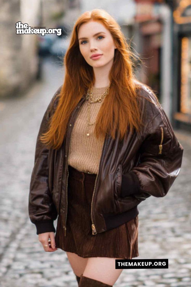 Woman with long red hair wearing a brown leather jacket and corduroy skirt outdoors