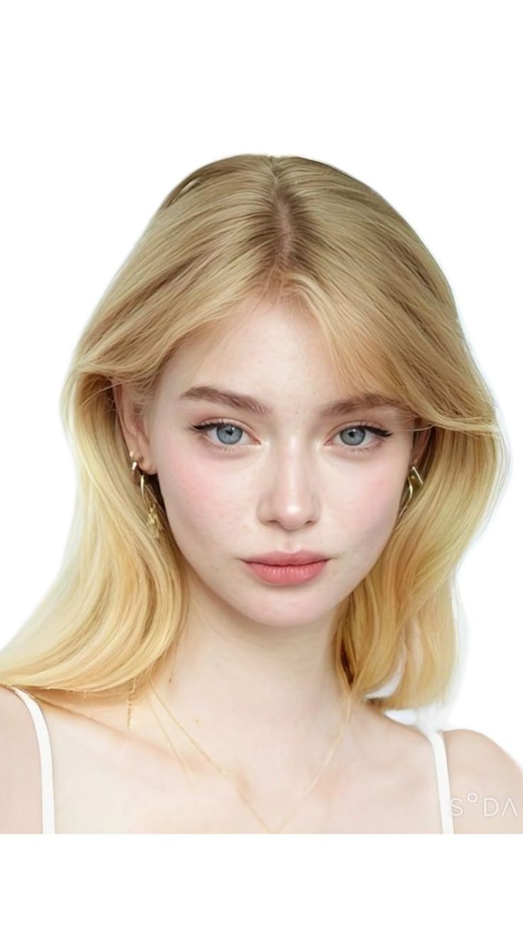 Blonde woman with blue eyes and freckles wearing gold earrings
