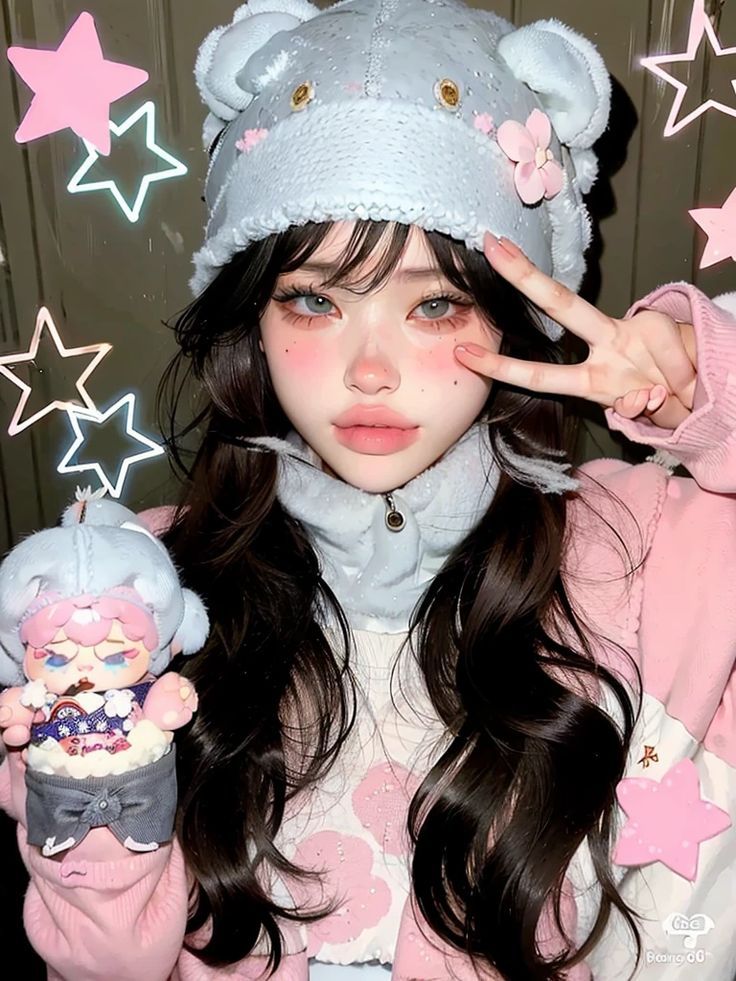 Anime style girl with long dark hair wearing a winter hat and pink sweater