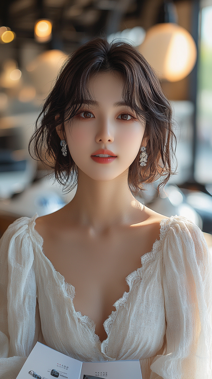 Woman with short hair and earrings wearing a white dress with cleavage