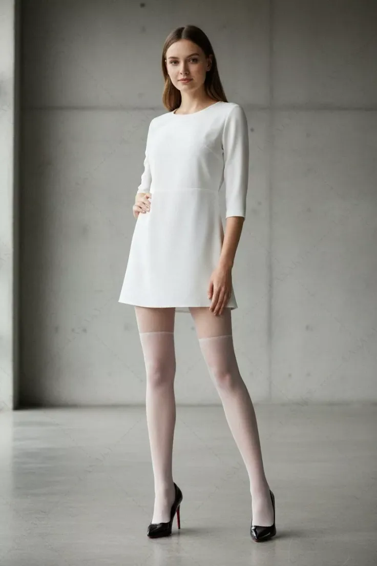 Woman in a white dress and white stockings posing indoors