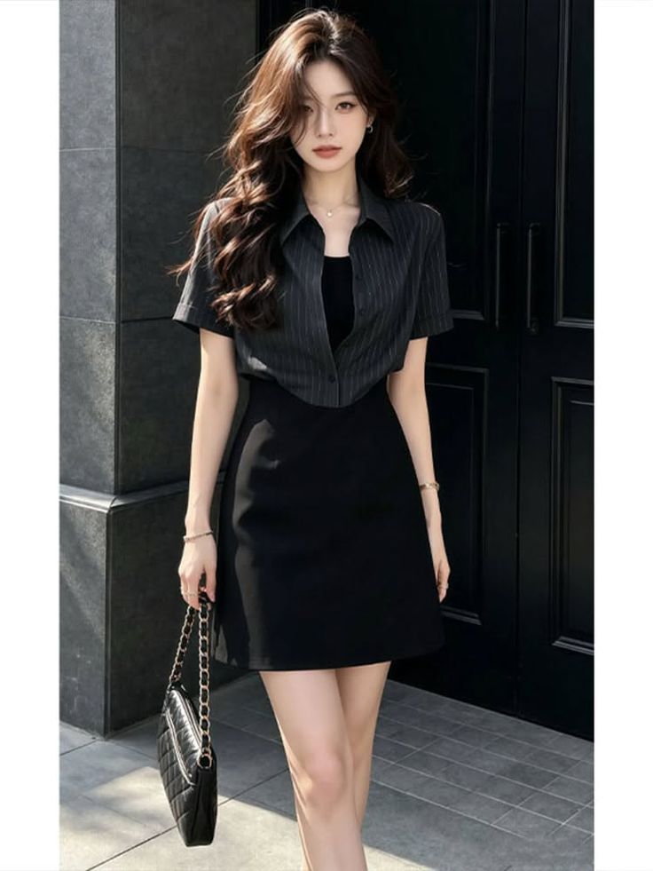 Woman in a black short-sleeve shirt and mini skirt holding a black handbag