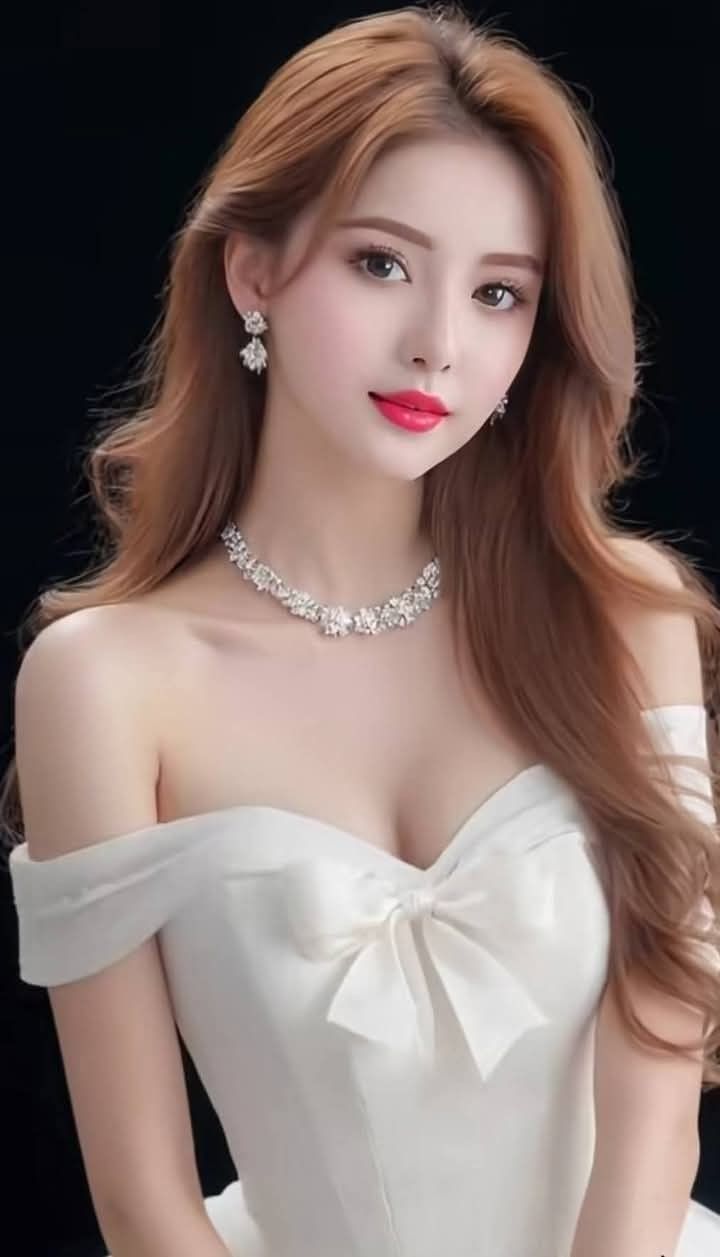 Woman in a white off-shoulder dress with a bow and jewelry